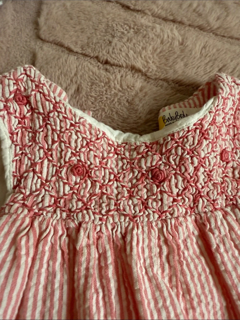 Baby Boden Pink & White Striped Dress with Yellow Chick Appliqués